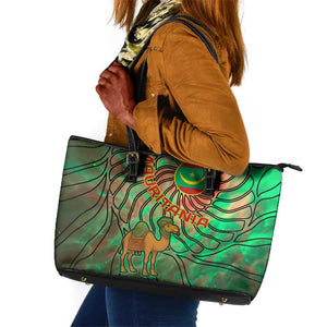 Mauritania Leather Tote Bag - Green Tie Dye Camel and Crescent Moon Flag Design