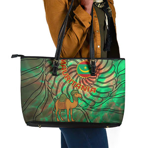 Mauritania Leather Tote Bag - Green Tie Dye Camel and Crescent Moon Flag Design