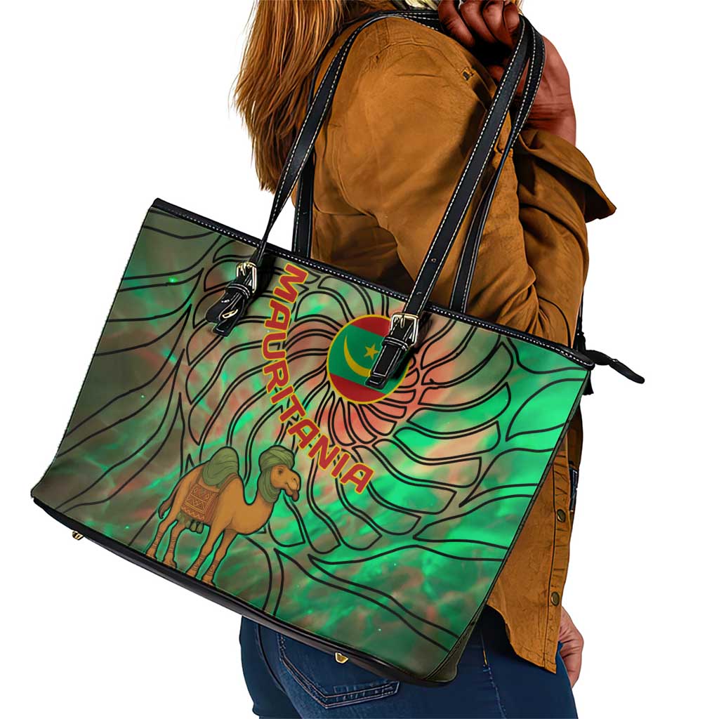 Mauritania Leather Tote Bag - Green Tie Dye Camel and Crescent Moon Flag Design