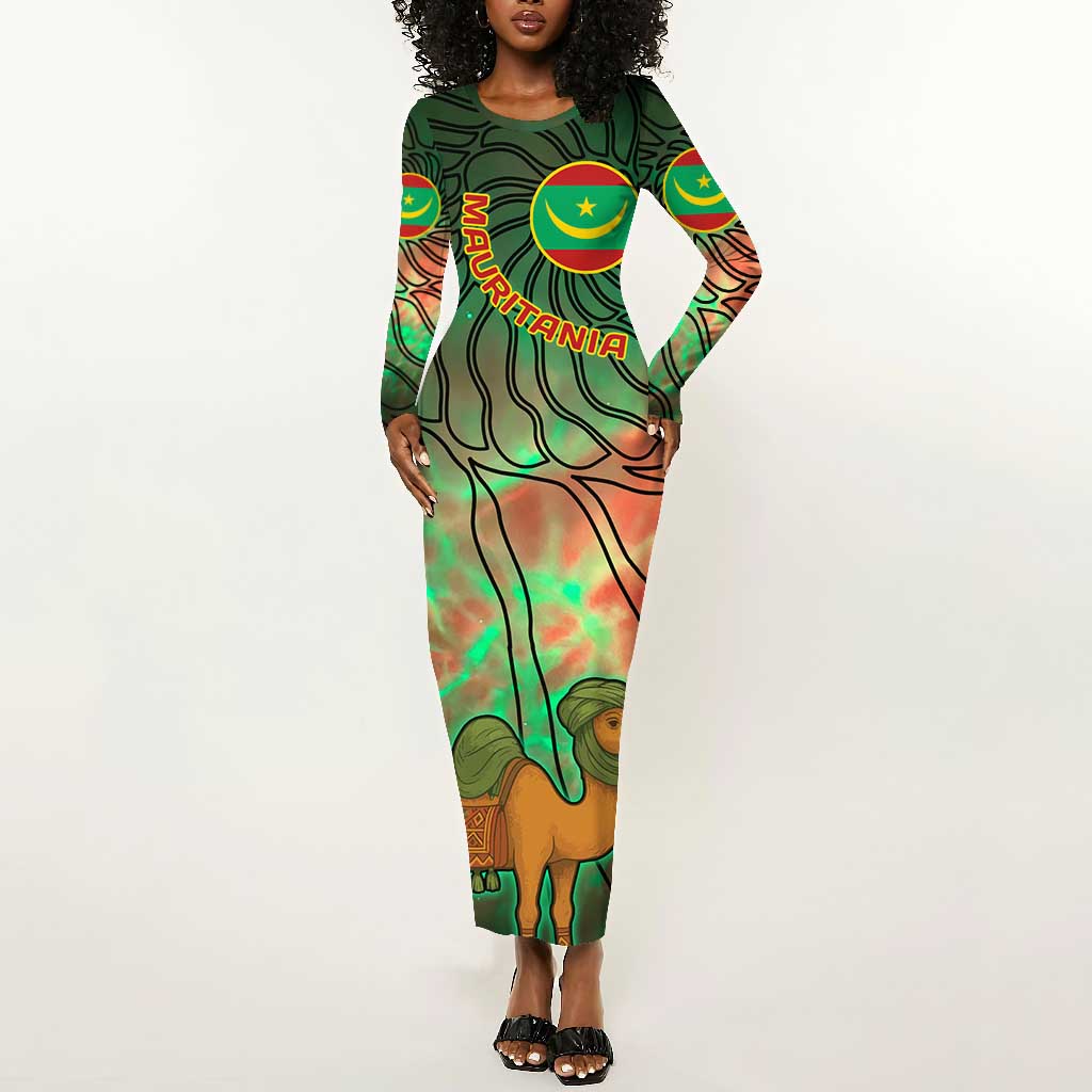 Mauritania Long Sleeve Bodycon Dress - Green Tie Dye Camel and Crescent Moon Flag Design TS04