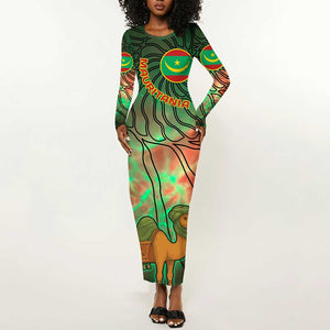 Mauritania Long Sleeve Bodycon Dress - Green Tie Dye Camel and Crescent Moon Flag Design TS04