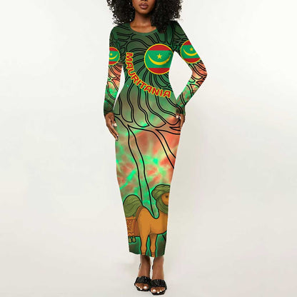 Mauritania Long Sleeve Bodycon Dress - Green Tie Dye Camel and Crescent Moon Flag Design TS04