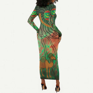 Mauritania Long Sleeve Bodycon Dress - Green Tie Dye Camel and Crescent Moon Flag Design TS04