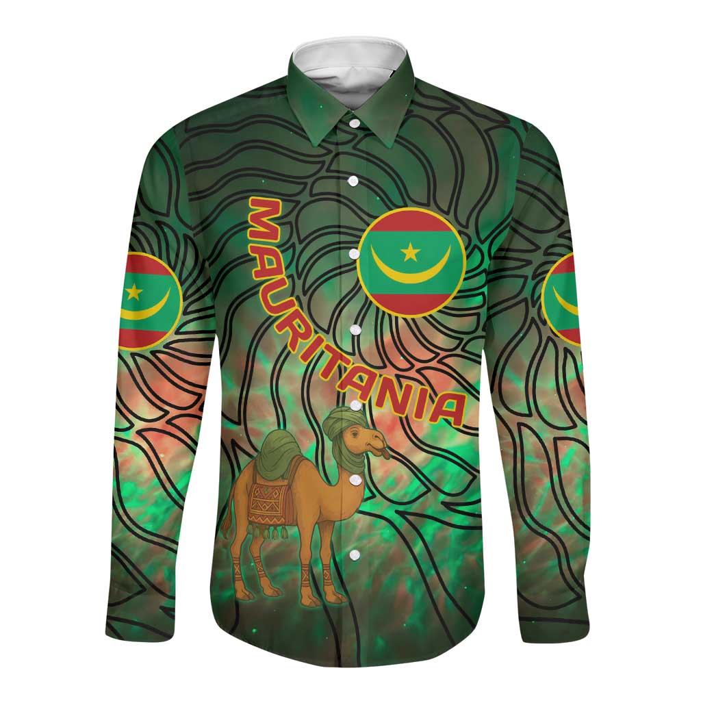 Mauritania Long Sleeve Button Shirt - Green Tie Dye Camel and Crescent Moon Flag Design