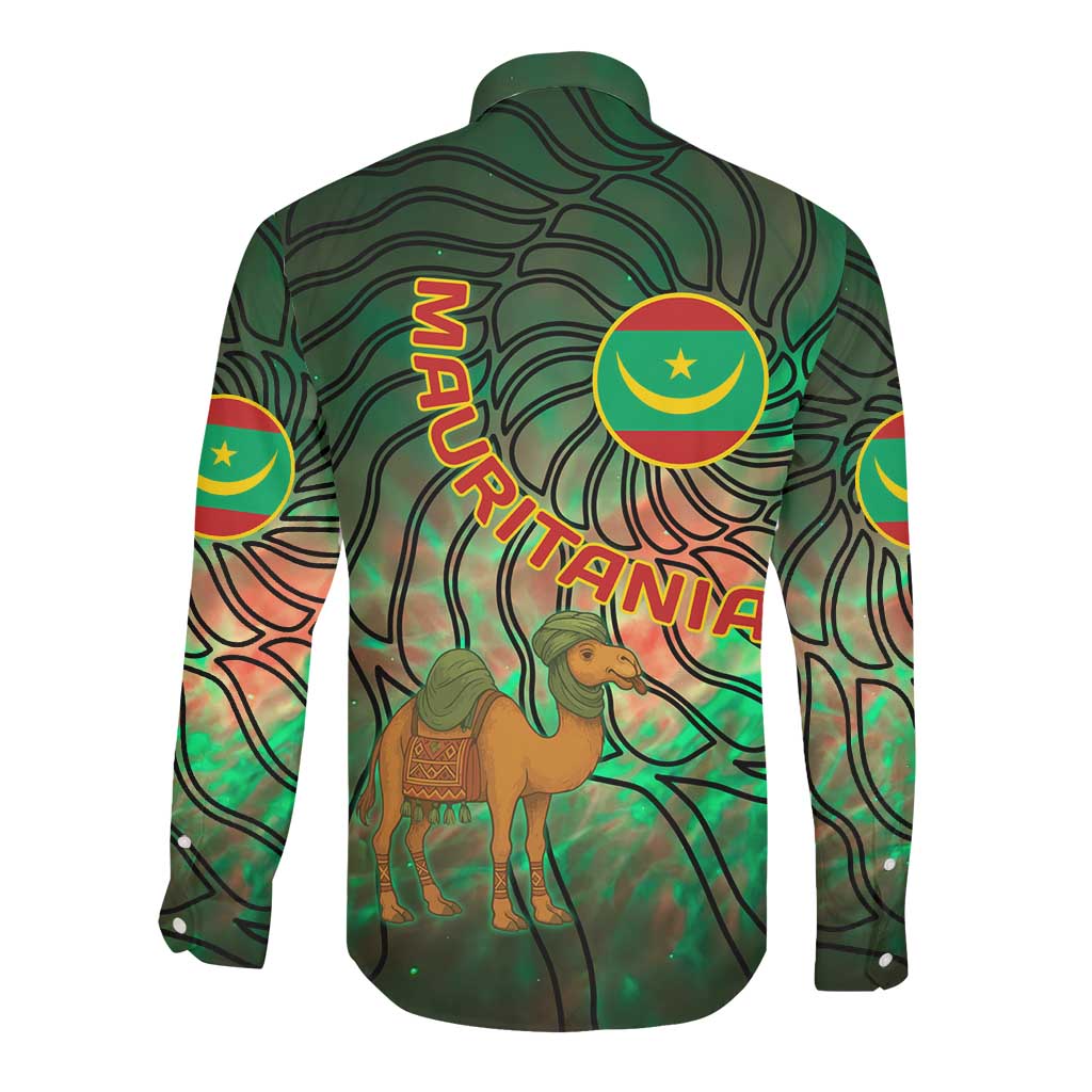 Mauritania Long Sleeve Button Shirt - Green Tie Dye Camel and Crescent Moon Flag Design