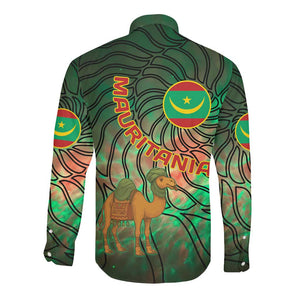 Mauritania Long Sleeve Button Shirt - Green Tie Dye Camel and Crescent Moon Flag Design