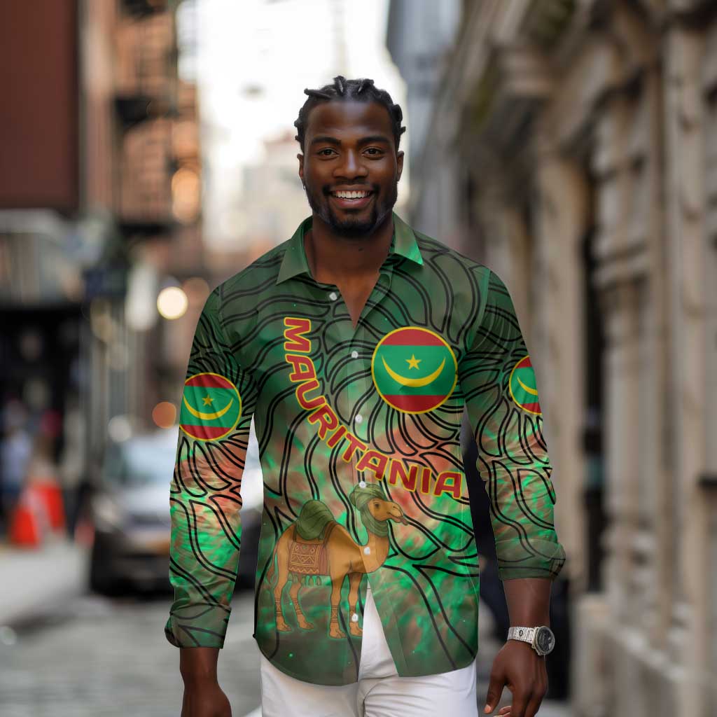 Mauritania Long Sleeve Button Shirt - Green Tie Dye Camel and Crescent Moon Flag Design