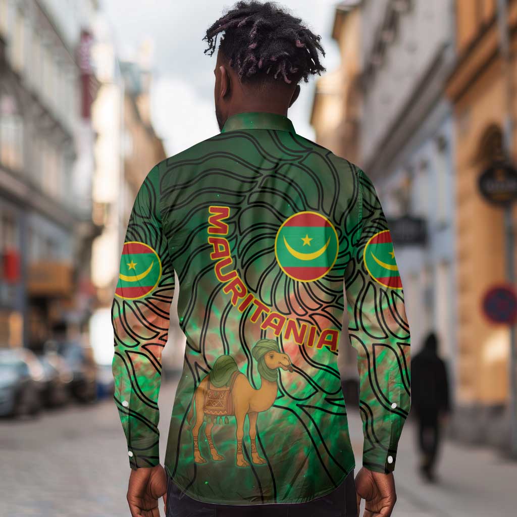 Mauritania Long Sleeve Button Shirt - Green Tie Dye Camel and Crescent Moon Flag Design