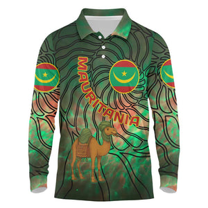 Mauritania Long Sleeve Polo Shirt - Green Tie Dye Camel and Crescent Moon Flag Design