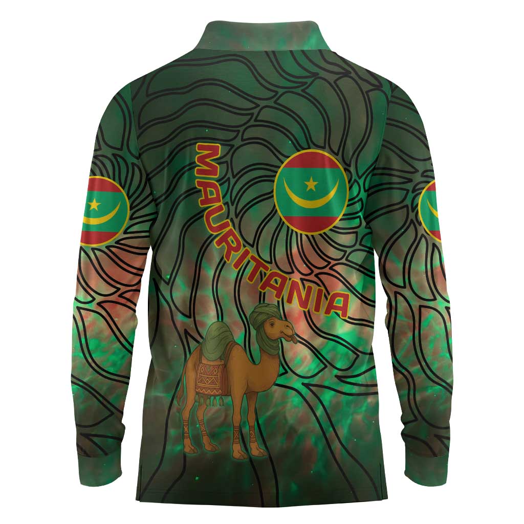 Mauritania Long Sleeve Polo Shirt - Green Tie Dye Camel and Crescent Moon Flag Design