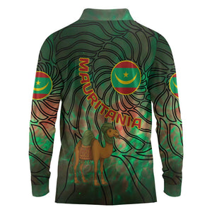 Mauritania Long Sleeve Polo Shirt - Green Tie Dye Camel and Crescent Moon Flag Design