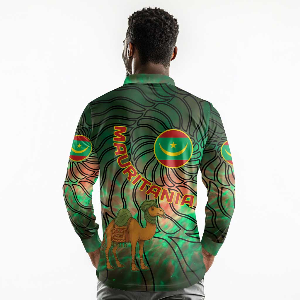 Mauritania Long Sleeve Polo Shirt - Green Tie Dye Camel and Crescent Moon Flag Design