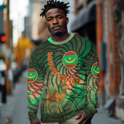 Mauritania Long Sleeve Shirt - Green Tie Dye Camel and Crescent Moon Flag Design