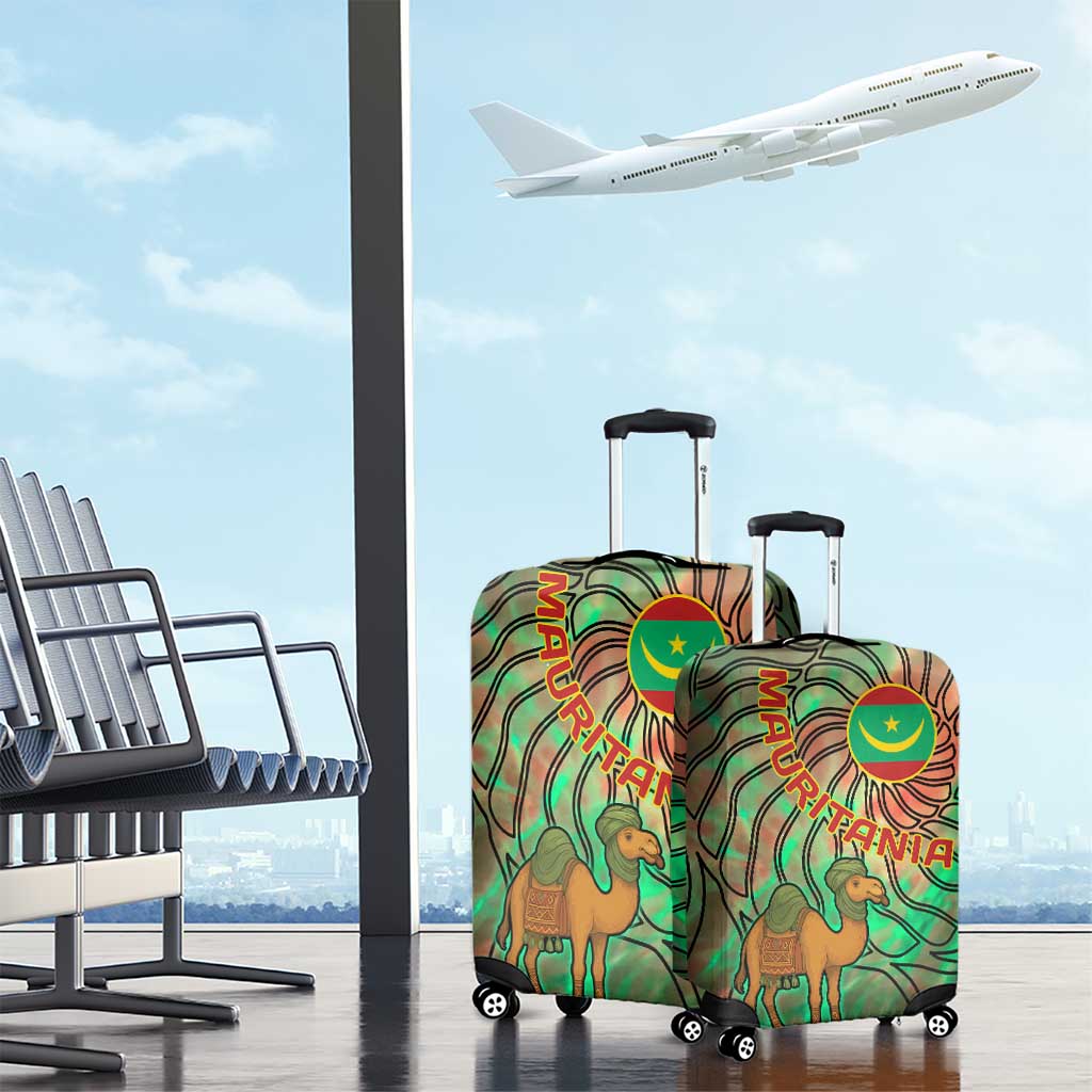Mauritania Luggage Cover - Green Tie Dye Camel and Crescent Moon Flag Design