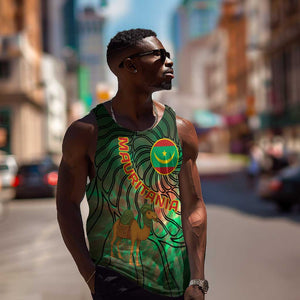 Mauritania Men Tank Top - Green Tie Dye Camel and Crescent Moon Flag Design