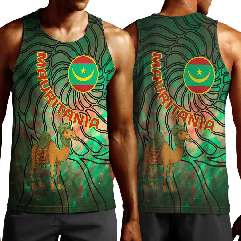 Mauritania Men Tank Top - Green Tie Dye Camel and Crescent Moon Flag Design