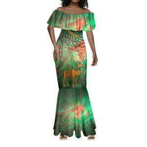 Mauritania Mermaid Dress - Green Tie Dye Camel and Crescent Moon Flag Design