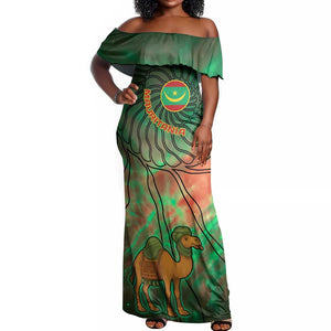 Mauritania Off Shoulder Maxi Dress - Green Tie Dye Camel and Crescent Moon Flag Design