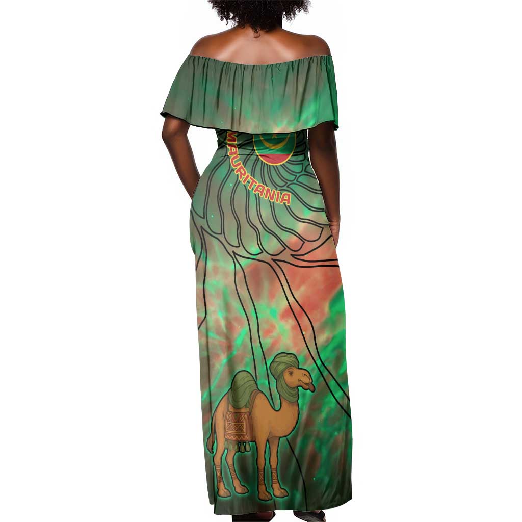 Mauritania Off Shoulder Maxi Dress - Green Tie Dye Camel and Crescent Moon Flag Design