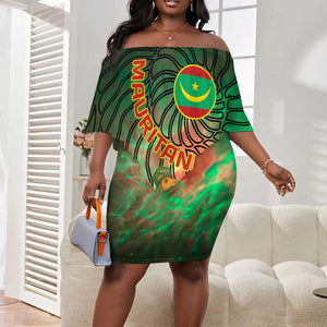 Mauritania Off Shoulder Short Dress - Green Tie Dye Camel and Crescent Moon Flag Design