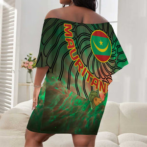 Mauritania Off Shoulder Short Dress - Green Tie Dye Camel and Crescent Moon Flag Design