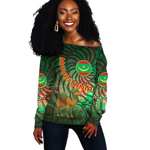 Mauritania Off Shoulder Sweater - Green Tie Dye Camel and Crescent Moon Flag Design