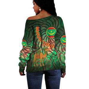 Mauritania Off Shoulder Sweater - Green Tie Dye Camel and Crescent Moon Flag Design