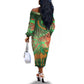 Mauritania Off The Shoulder Long Sleeve Dress - Green Tie Dye Camel and Crescent Moon Flag Design