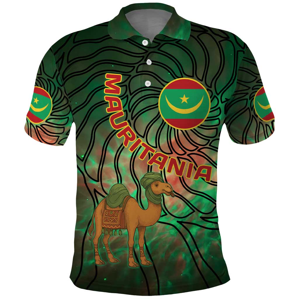 Mauritania Polo Shirt - Green Tie Dye Camel and Crescent Moon Flag Design
