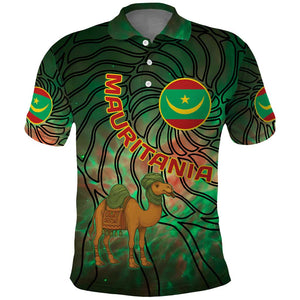 Mauritania Polo Shirt - Green Tie Dye Camel and Crescent Moon Flag Design
