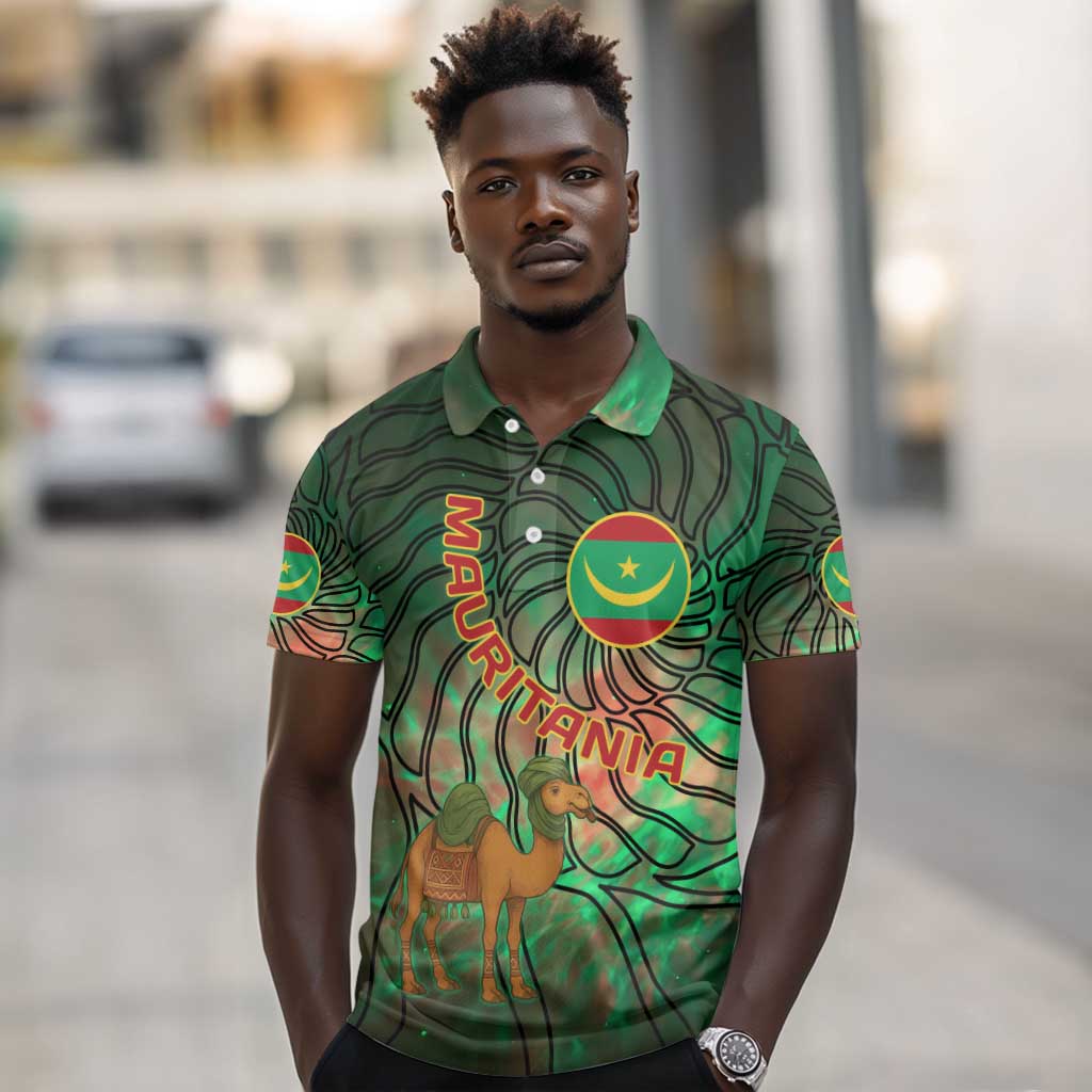 Mauritania Polo Shirt - Green Tie Dye Camel and Crescent Moon Flag Design