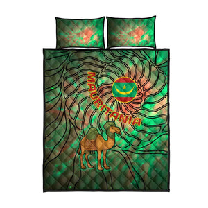 Mauritania Quilt Bed Set - Green Tie Dye Camel and Crescent Moon Flag Design