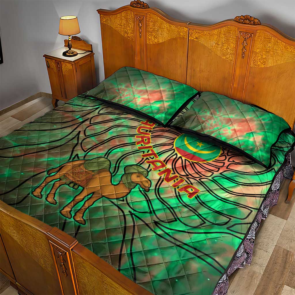 Mauritania Quilt Bed Set - Green Tie Dye Camel and Crescent Moon Flag Design