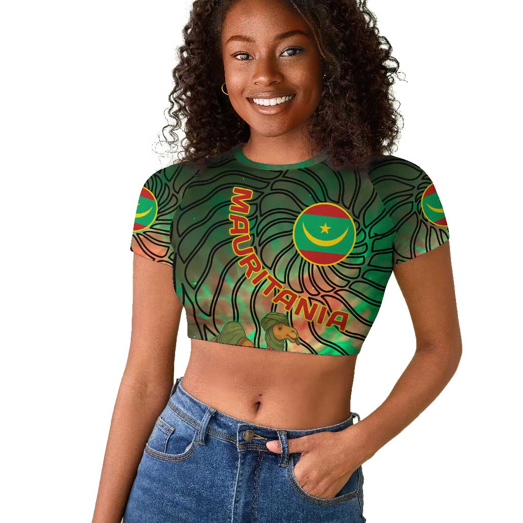 Mauritania Raglan Cropped T shirt - Green Tie Dye Camel and Crescent Moon Flag Design
