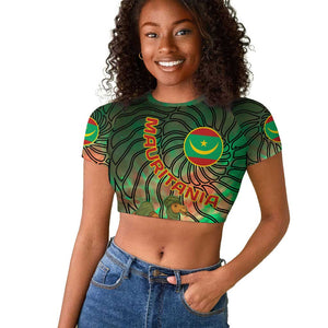 Mauritania Raglan Cropped T shirt - Green Tie Dye Camel and Crescent Moon Flag Design