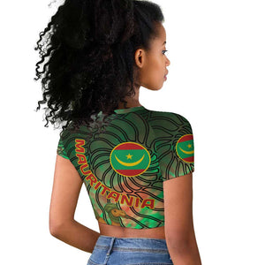Mauritania Raglan Cropped T shirt - Green Tie Dye Camel and Crescent Moon Flag Design