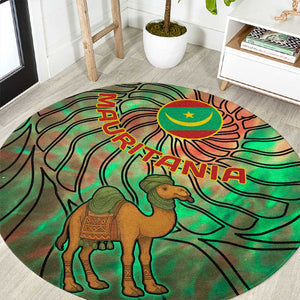 Mauritania Round Carpet - Green Tie Dye Camel and Crescent Moon Flag Design