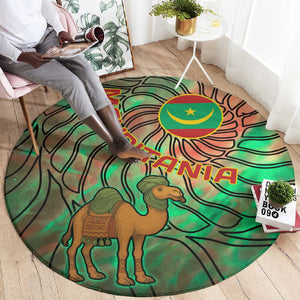 Mauritania Round Carpet - Green Tie Dye Camel and Crescent Moon Flag Design