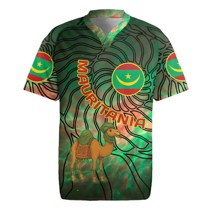 Mauritania Rugby Jersey - Green Tie Dye Camel and Crescent Moon Flag Design