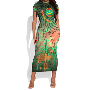 Mauritania Short Sleeve Bodycon Dress - Green Tie Dye Camel and Crescent Moon Flag Design TS04
