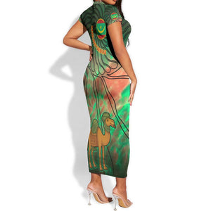Mauritania Short Sleeve Bodycon Dress - Green Tie Dye Camel and Crescent Moon Flag Design TS04