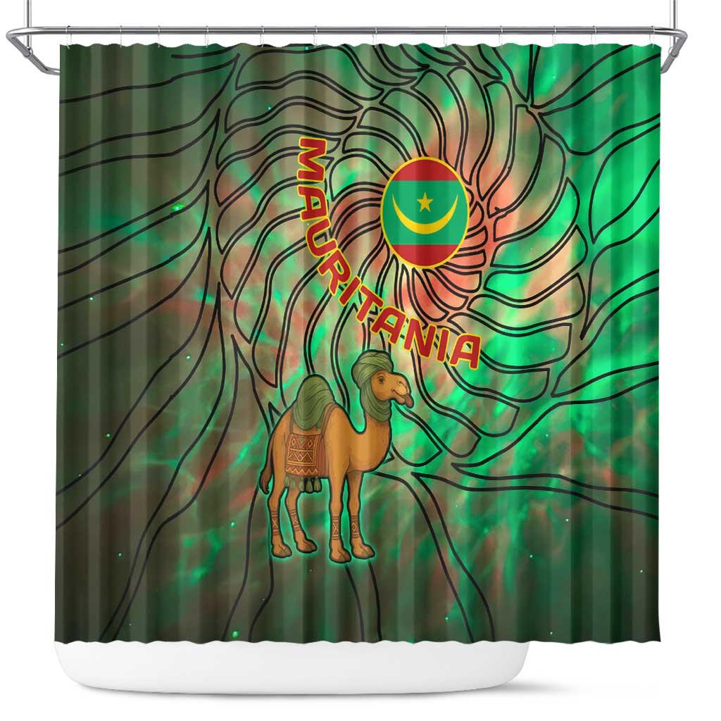 Mauritania Shower Curtain - Green Tie Dye Camel and Crescent Moon Flag Design