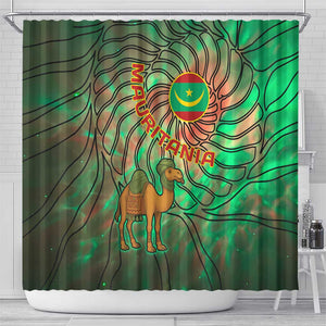 Mauritania Shower Curtain - Green Tie Dye Camel and Crescent Moon Flag Design