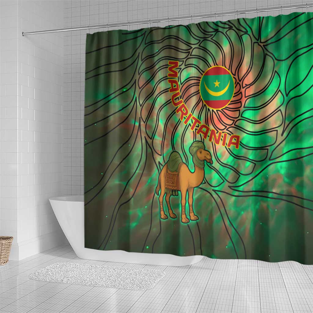 Mauritania Shower Curtain - Green Tie Dye Camel and Crescent Moon Flag Design