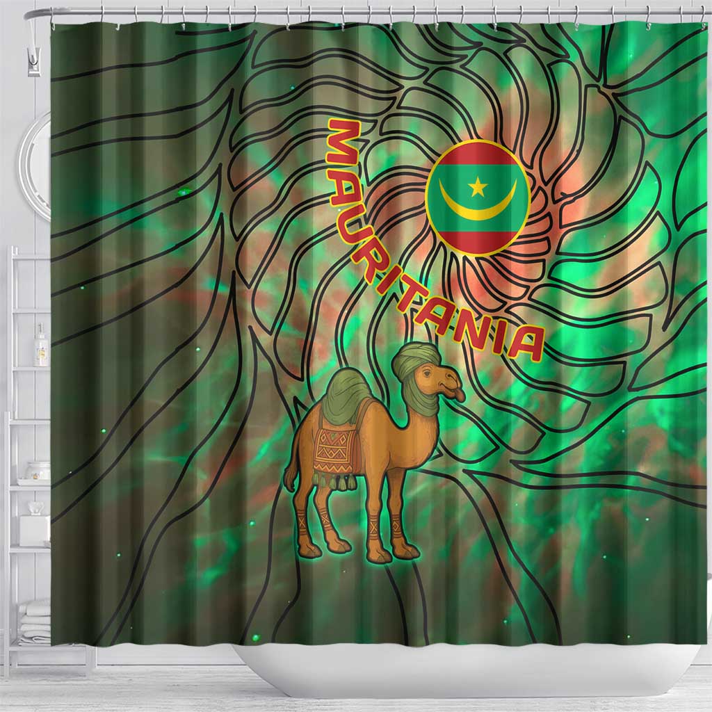 Mauritania Shower Curtain - Green Tie Dye Camel and Crescent Moon Flag Design