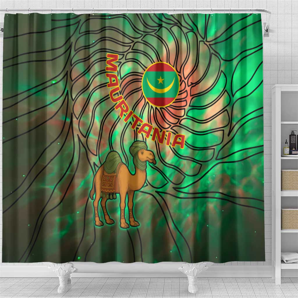 Mauritania Shower Curtain - Green Tie Dye Camel and Crescent Moon Flag Design