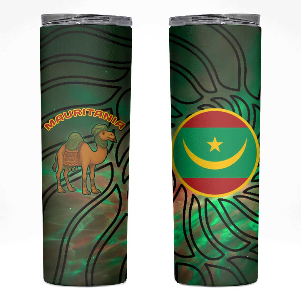Mauritania Skinny Tumbler - Green Tie Dye Camel and Crescent Moon Flag Design