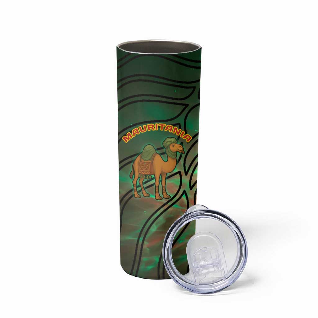 Mauritania Skinny Tumbler - Green Tie Dye Camel and Crescent Moon Flag Design