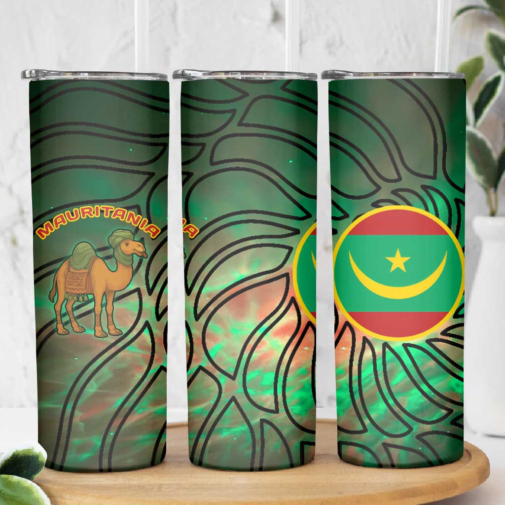 Mauritania Skinny Tumbler - Green Tie Dye Camel and Crescent Moon Flag Design