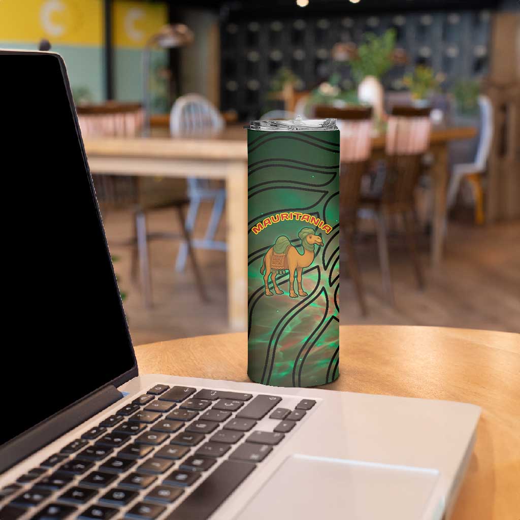 Mauritania Skinny Tumbler - Green Tie Dye Camel and Crescent Moon Flag Design